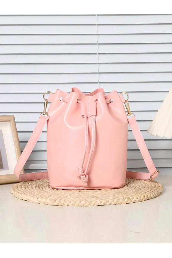 Pink Drawstring Bucket Shoulder Bag With Adjustable Strap