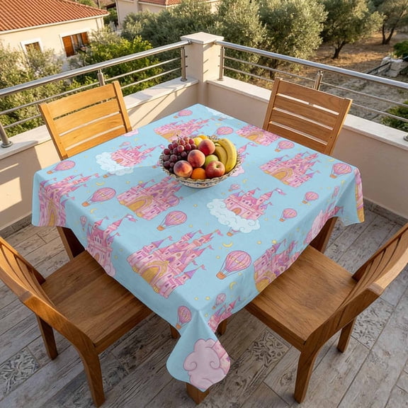Pink Dream Castle Cloud Balloons on Blue Table Cloth 60x60in, Waterproof Square Tablecloth Wipeable Tablecloths Children's Day Table Covers for Dining Tables Party Indoor Outdoor