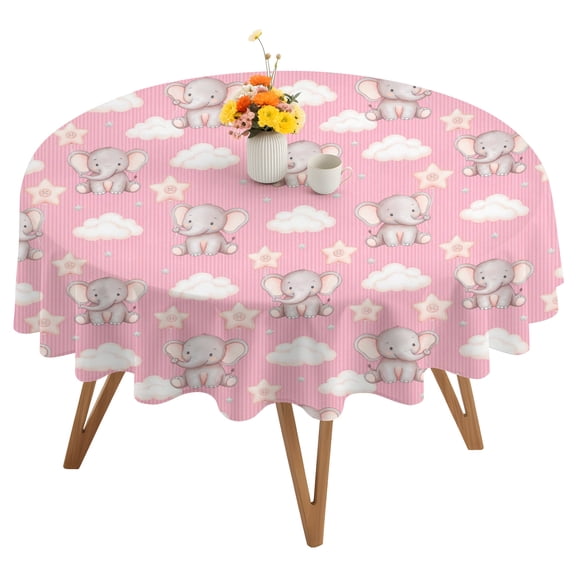 Pink Dreamy Elephant Round Tablecloth 54 inches Cartoon Animal Cloud Stars Fairytale Style Waterproof Oil-Proof Table Cloth Round Table Cover for Holiday Party Picnic Dinner Decor Indoor Outdoor Use