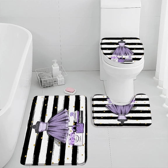 Pink Dress Fashion Non-slip Bath Mat Set Paris Eiffel Tower Perfume High-heels Bathroom Decoration Home Carpet Toilet Lid Cover