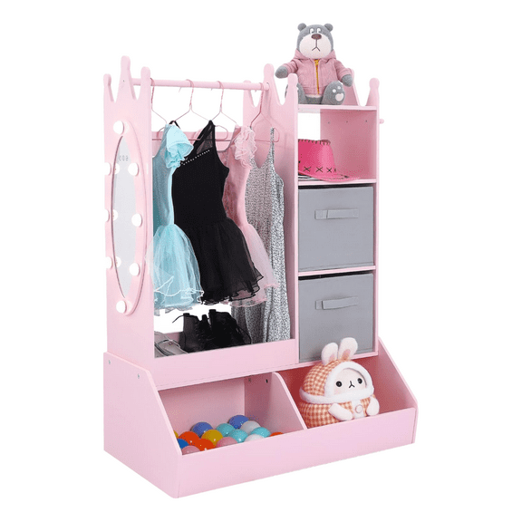Pink Dress Up Storage with Light & Mirror for Girls, Kids Clothing Rack with Bin and Open Hanging Armoire Closet