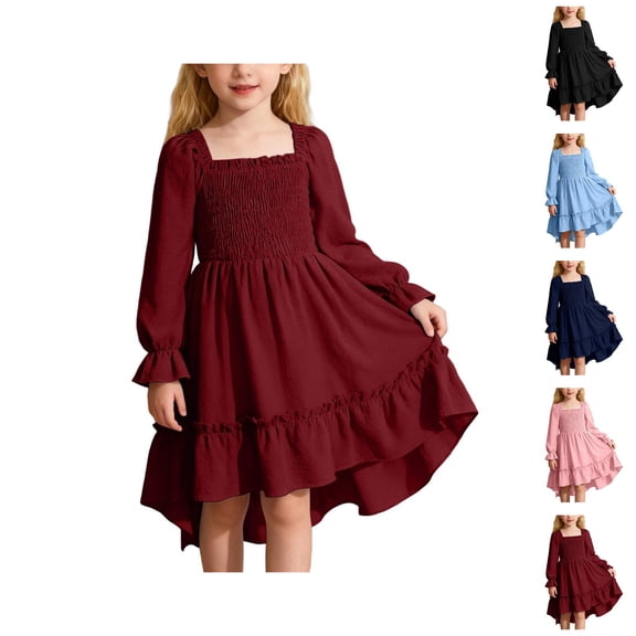 Pink Dress for Girls French Square Neck Maxi Dress – Bell Sleeve Tiered Ruffle Skirt, Romantic Fairy Dress for Spring Outing & Country Walks