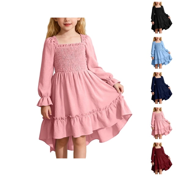 Pink Dress for Girls French Square Neck Maxi Dress – Bell Sleeve Tiered Ruffle Skirt, Romantic Fairy Dress for Spring Outing & Country Walks