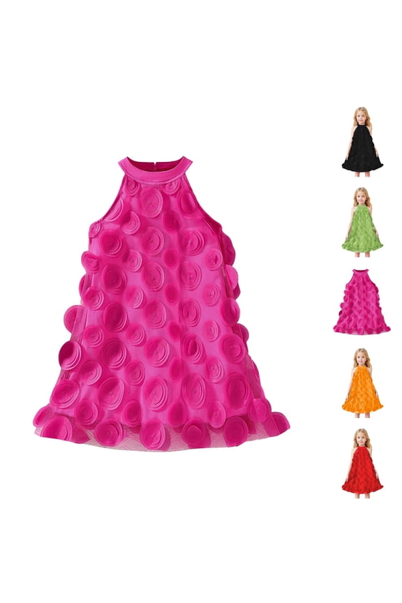 Pink Dress for Girls Halter Boho Vacation Dress – 3D Flower Tulle Detail & Loose H-Line Cut, Artistic Beach Dress for Travel & Music Festival