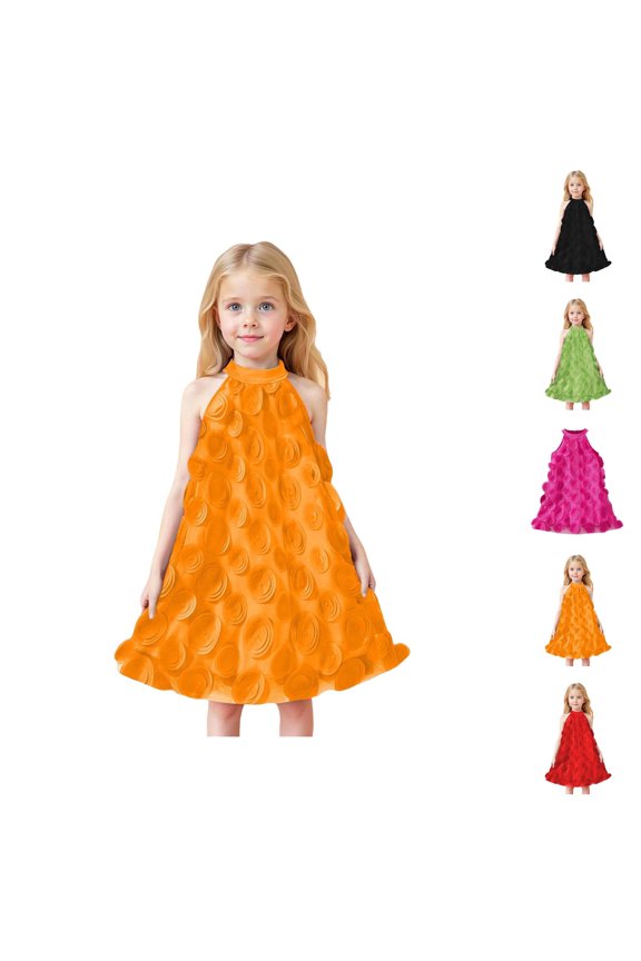 Pink Dress for Girls Halter Boho Vacation Dress – 3D Flower Tulle Detail & Loose H-Line Cut, Artistic Beach Dress for Travel & Music Festival