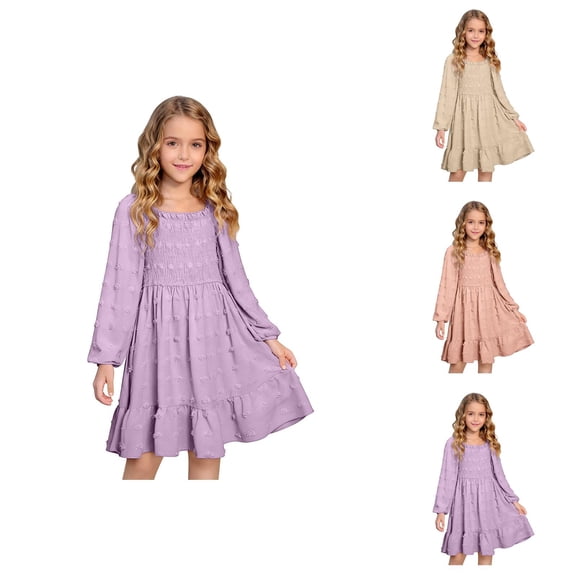 Pink Dress for Girls Long Sleeve Square Neck Dress – Smocked Detail with A-Line Silhouette, Modest Fall Dress for School & Casual Gatherings