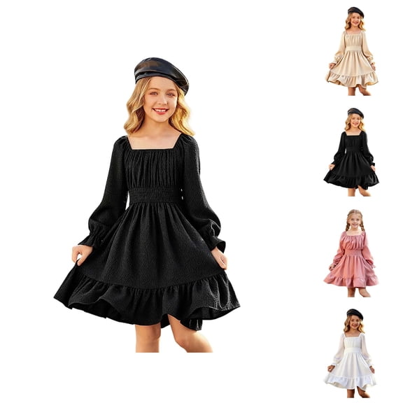 Pink Dress for Girls Spring Long Sleeve Flowy Dress – Square Neck Bell Sleeve with Layered Ruffles, Light Maxi Dress for Seasonal Wear & Day Out