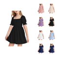 thumbnail image 1 of Pink Dress for Girls Summer Short Sleeve A-Line Dress â Trimmed Collar & Pleats, Clean Solid Dress for School, Outdoor Play & Daily Wear, 1 of 5