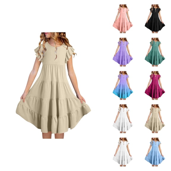 Pink Dress for Girls Sweet Solid Cake Dress – Cap Sleeves with Tiered Ruffle Hem, Cute Princess Dress for Playdates, Parties & Photo Sessions