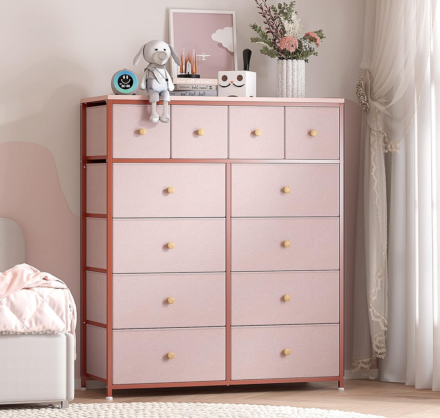 Pink Fabric Dresser with 12 Deep Drawers and Metal Frame