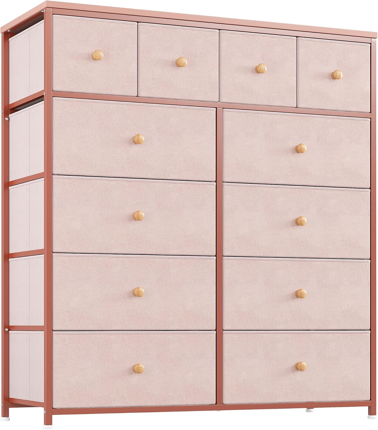 Pink Fabric Dresser with 12 Deep Drawers and Metal Frame