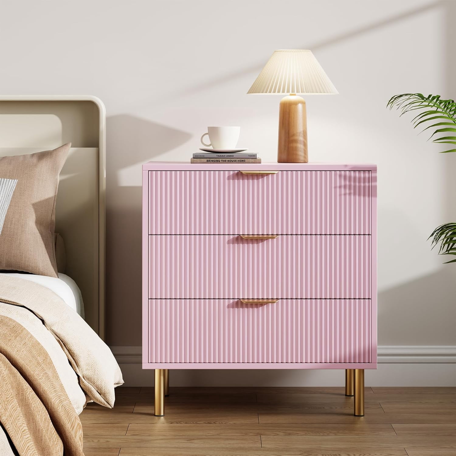pink and gold dresser Dresser, Modern 3 Drawer for Bedroom with Handle Large Drawer, Wood Double Chest of Drawers and Storage Organizer for Living Mirror