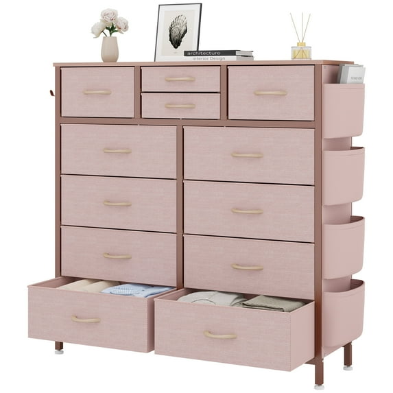 LainTene Fabric Dresser with 12 Drawers Dresser for Bedroom Chests of Drawers Storage Tower for Living Room, Pink