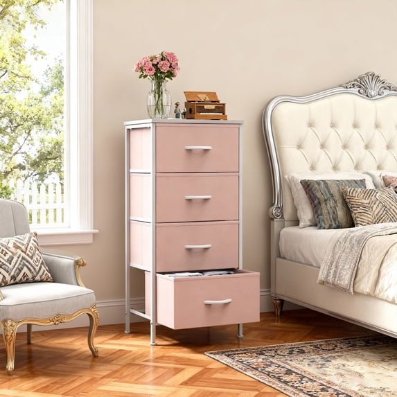 Pink Dresser for Bedroom with 4 Drawers Fabric Dresser& Chest of Dresser with Wood Top, Metal Frame,Closet, Living Room,Hallway, Pink