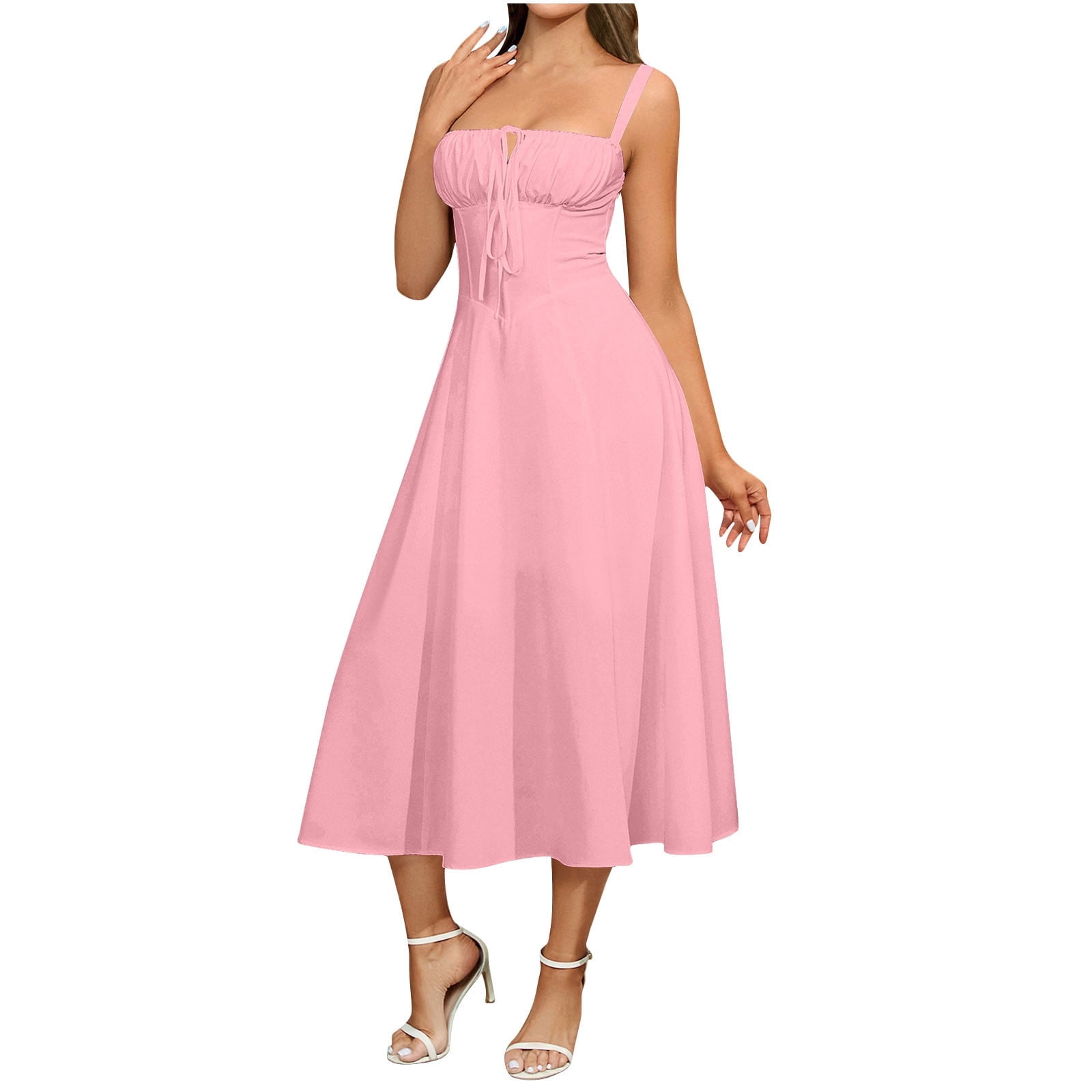 White Women Pleated Slit Tie Knot Paperbag Midi Dress for Women Spaghetti  Strap Vneck Spandex Casual Summer Fall 2026 Clothing Trendy Regular Fit  Country Concert M - Walmart.com