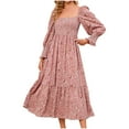 thumbnail image 1 of Pink Dresses for Women Puff Long Sleeve Printing Floral Pattern Holiday Dress Square Neck Fit And Flare Trendy Vacation Casual Sun Dress Maxi Fashion Daily A-Line Blouse Pleated Swing Hem Dress,M, 1 of 7