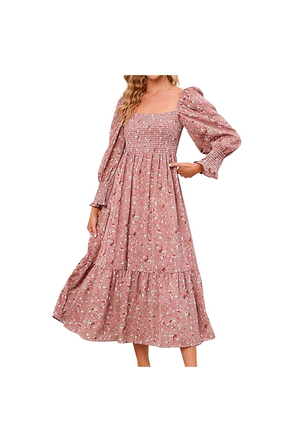 Pink Dresses for Women Puff Long Sleeve Printing Floral Pattern Holiday Dress Square Neck Fit And Flare Trendy Vacation Casual Sun Dress Maxi Fashion Daily A-Line Blouse Pleated Swing Hem Dress,XXL