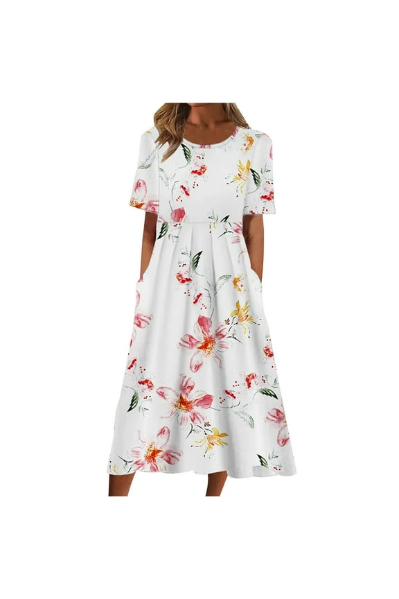 Pink Dresses for Women Short Sleeve Printing Floral Pattern Holiday Dress Round Neck Fit And Flare Trendy Vacation Casual Dress Midi Fashion Daily A-Line Blouse Pleated Dress with Pocket,S