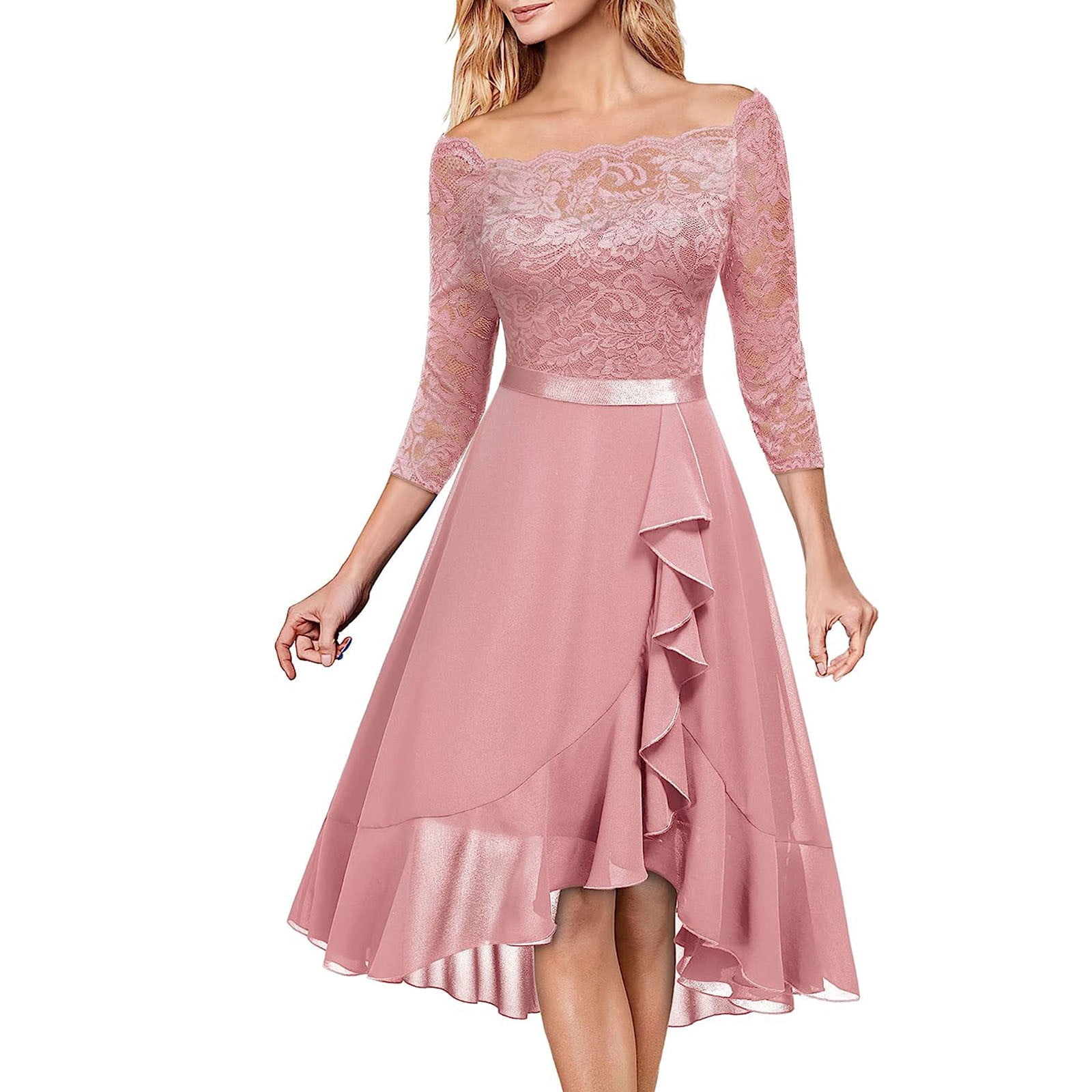 Bell Sleeve Solid Color Knee length Off Shoulder High Waist Lace Dress Bell Sleeve Solid Color Knee length Off Shoulder High Waist Lace Dress