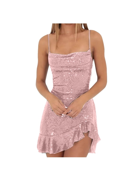 Pink Dresses for Women Summer Fall Spaghetti Strap Off The Shoulder Mini Petite Formal Date Night Evening Sequin Sparkle Dresses Homecoming Dresses Ladies 2025 M
