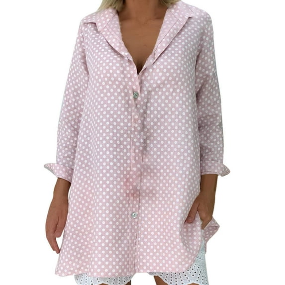 Pink Dressy Blouse Women Vintage Long Sleeve Polka Dots Shirt Collar Top Shirt Blouse