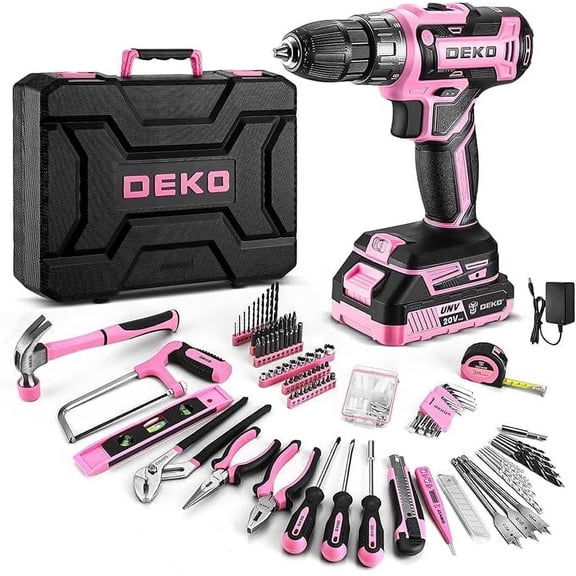 Pink Power Drill Tool Kit Set: DEKOPRO 20V Cordless Electric Drill, Driver, Tool Box with Battery