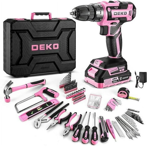 Pink Drill Tool Kit Set: 20V Cordless Power Drill Tool Box with Battery Electric Drill Driver for Women Home Hand Repair Basic Toolbox Tools Sets Drills Case