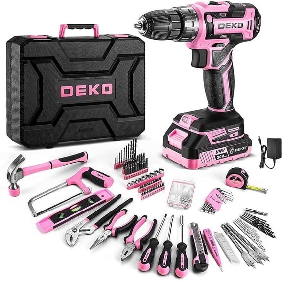 Pink Power Drill Tool Kit Set: DEKOPRO 20V Cordless Electric Drill, Driver, Tool Box with Battery