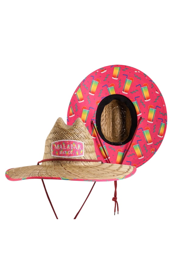 Pink Drink Hat Fabric Pattern Print Straw Sunhat Men & Women, Lifeguard Hat, Beach, Swim, Cruise, Paddle Board, Boat, Fishing, Fits All, Malabar Hat.Clo