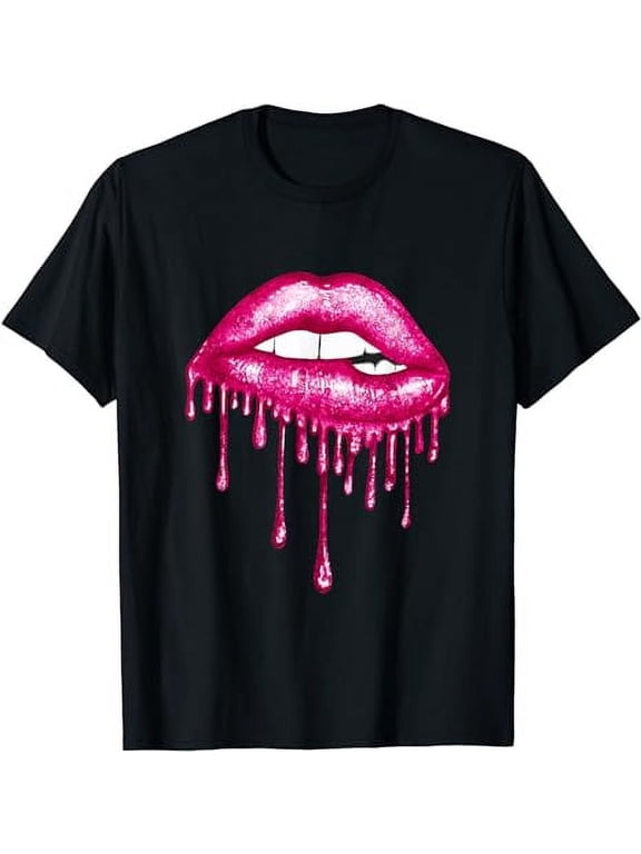 Pink Dripping Biting Lips Faux Lipstick Effect 80s T-Shirt