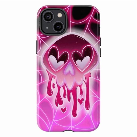 Pink Dripping Heart Eyes Skull Phone Case, Dual Layer Protective Phone Cover, Gothic Cute Halloween Gift for iPhone 16 15 14 13 12 11 Pro Plus Mini