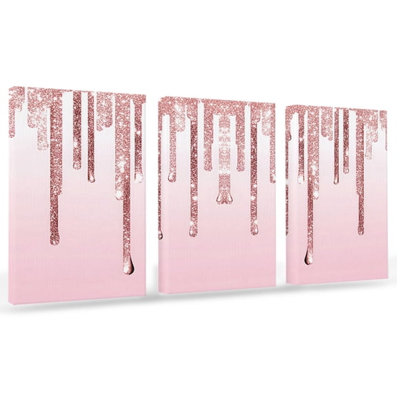 Pink Droplet Canvas Wall Art 3 Panels, Gradient Glitter Framed Wall Decor Modern Artwork Prints Painting for Living Room, Bedroom, Kitchen & Cafe Decor 20" x 24"