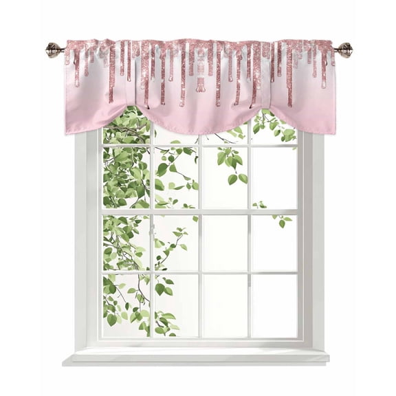 Pink Droplet Tie Up Valances Curtain, Gradient Glitter Kitchen Valances for Windows Decor, Rod Pocket Short Curtains Set for Bedroom/Bathroom, 60"x18"