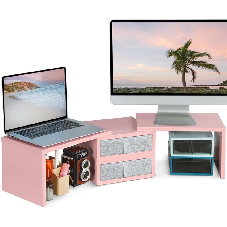 Pink Monitor Risers With Shelf Desktop Organizer TEAMIX Pink Dual Monitor Stand Riser With Drawer ...