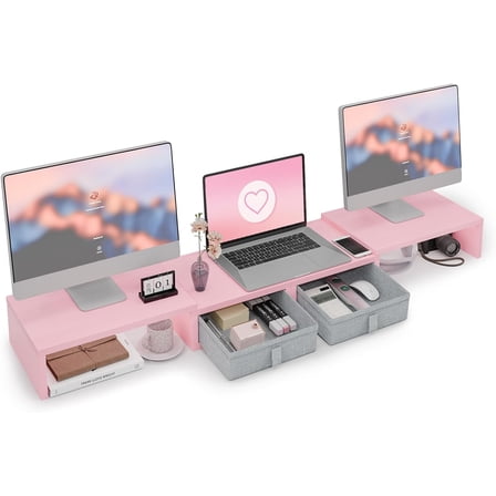 Pink Dual Monitor Stand Riser - Length and Angle Adjustable Monitor Stand with 2 Drawers to Storage Large Computer Riser for 2 Monitors/Laptop/PC, Wood Screen/TV Stand Desk Organizer (Pink)