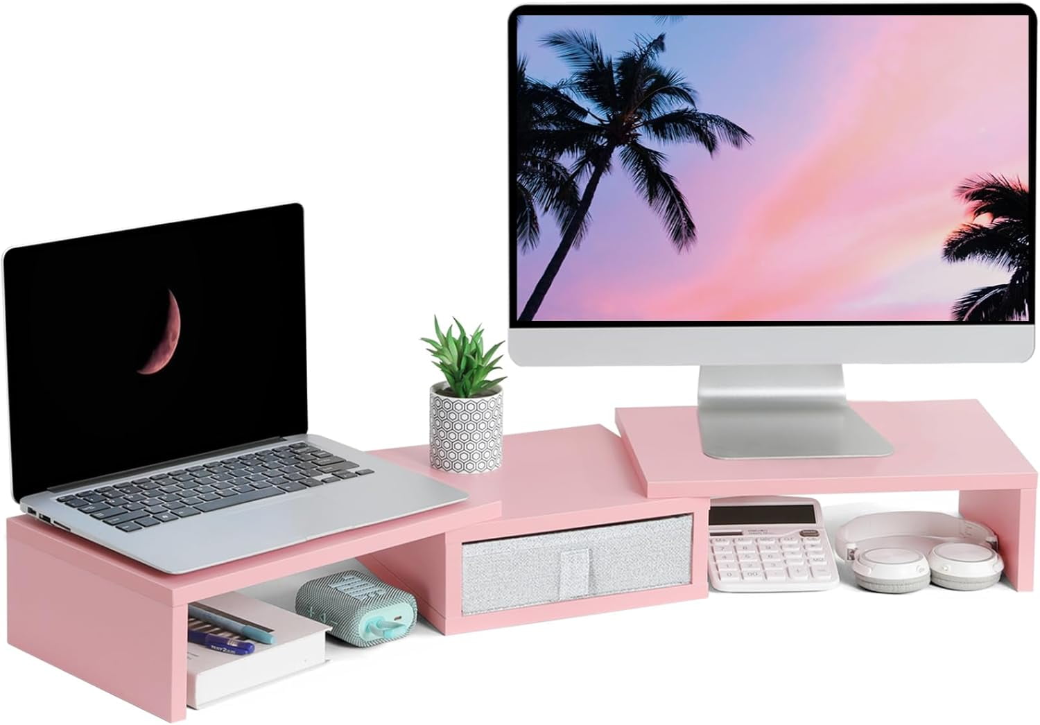 Pink Dual Monitor Stand Riser with Drawer - Length and Angle Adjustable ...