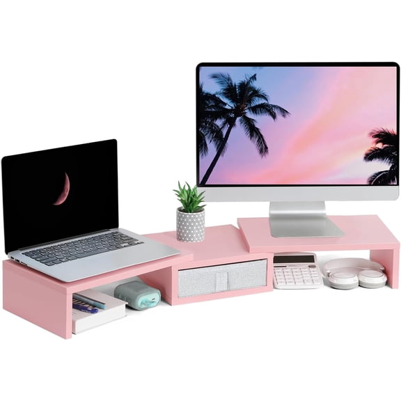 Pink Dual Monitor Stand Riser with Drawer - Length and Angle Adjustable Double Corner Desk Shelf Organizer 37 inch for 2 Laptop/PC/Screen/TV
