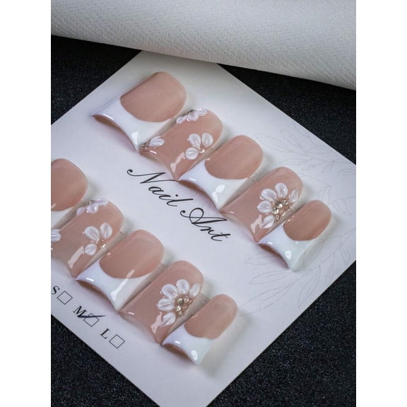 Pink Duck Mouth French Press-On Nails With 3D White Flowers