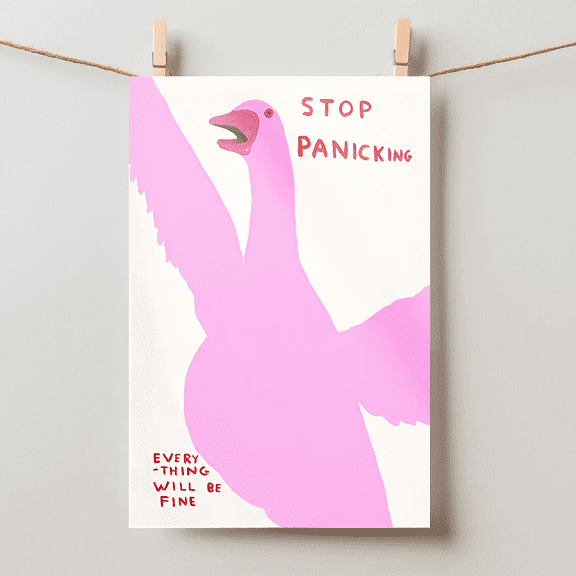 Pink Duck Stop Panicking Quote Vintage Style Living Room Wall Art, Unframed Paper Poster 8x10in