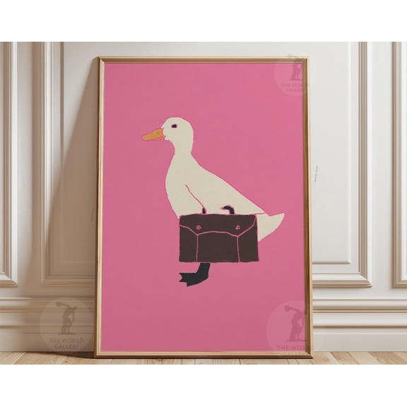 Pink Duck White Duck Briefcase Minimal Wall Art Print, Unframed Paper Poster 24x36in