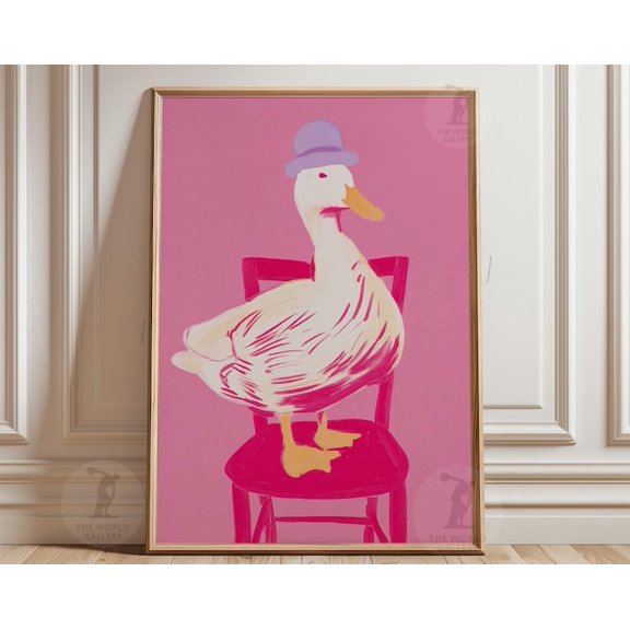 Pink Duck White Duck Hat Chair Wall Art Print, Unframed Paper Poster 8x10in