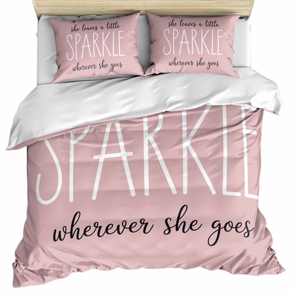 Pink Duvet Cover Queen Size, She Leaves A Little SPARKLE Wherever She Goes Comforter Cover with Zipper Closure, 3 Piece Bedding Sets 1 Duvet Cover 90x90 Inches and 2 Pillow Shams