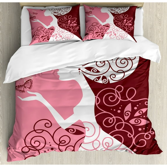 Pink Duvet Cover Set, Drawing Girl with Butterflies Floral Ornaments Swirled Branches, Decorative 3 Piece Bedding Set with 2 Pillow Shams, Queen Size, Pale Pink Maroon White, by Ambesonne