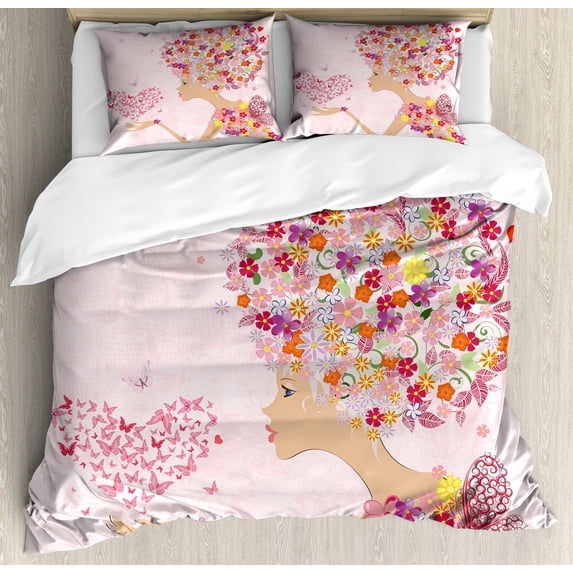 Pink Duvet Cover Set, Fashion Flowers Girl with Heart of Butterflies Wings Spring Theme Hand Drawn, Decorative 3 Piece Bedding Set with 2 Pillow Shams, Queen Size, Multicolor, by Ambesonne