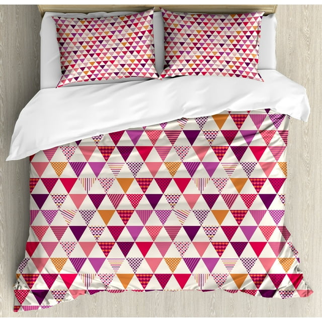 Pink Duvet Cover Set, Geometric Triangle Patterns with Polka Dots Lines Zig Zag Prints Abstract Image Print, Decorative 3 Piece Bedding Set with 2 Pillow Shams, Calking Size, Multicolor, by Ambesonne