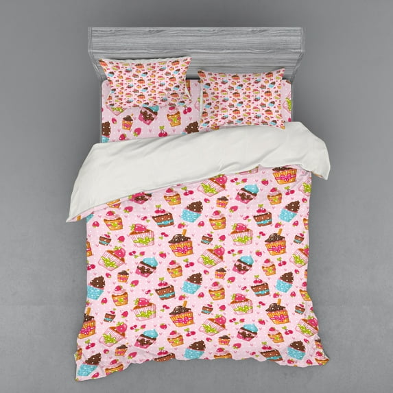 Pink Duvet Cover Set, Kitchen Cupcakes Muffins Strawberries and Cherries Food Eating Sweets Print, Bedding Set with Shams and Fitted Sheet, 3 Sizes, by Ambesonne