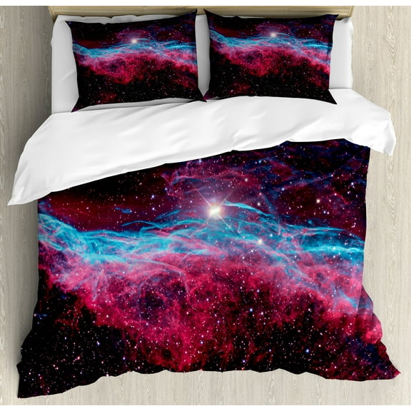 Pink Duvet Cover Set, Science Cosmos Outer Space Galaxy Print Universe Stars Astronomy Nebula Theme, Decorative 3 Piece Bedding Set with 2 Pillow Shams, King Size, Magenta and Black, by Ambesonne