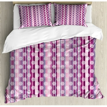 Pink Duvet Cover Set, Stripes Lines with Abstract Round Circles Art Print, Decorative 3 Piece Bedding Set with 2 Pillow Shams, Calking Size, Cadet Blue Dried Rose, by Ambesonne