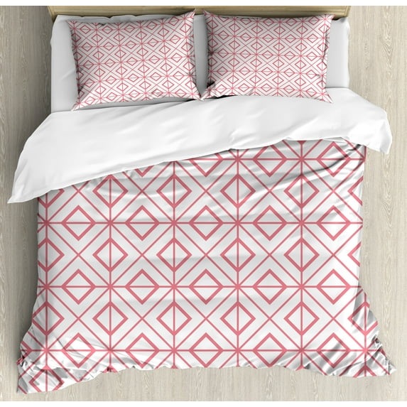 Pink Duvet Cover Set, Vintage Retro Tile with Geometrical Shapes Triangles Squares Lines Art Print, Decorative 3 Piece Bedding Set with 2 Pillow Shams, King Size, Pink and White, by Ambesonne