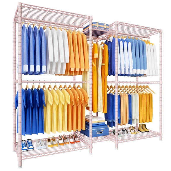 Pink E12 Pro Heavy Duty Metal Clothes Rack With Shelves Freestanding Garment Storage System